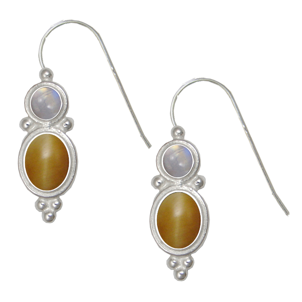 Sterling Silver Drop Dangle Earrings Honey Tiger Eye And Rainbow Moonstone